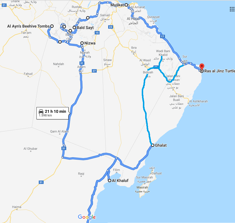 Načrt za Oman. Načrt poti, ki smo jo v 11ih dneh potovanja v Oman prevozili s terenskimi vozili.